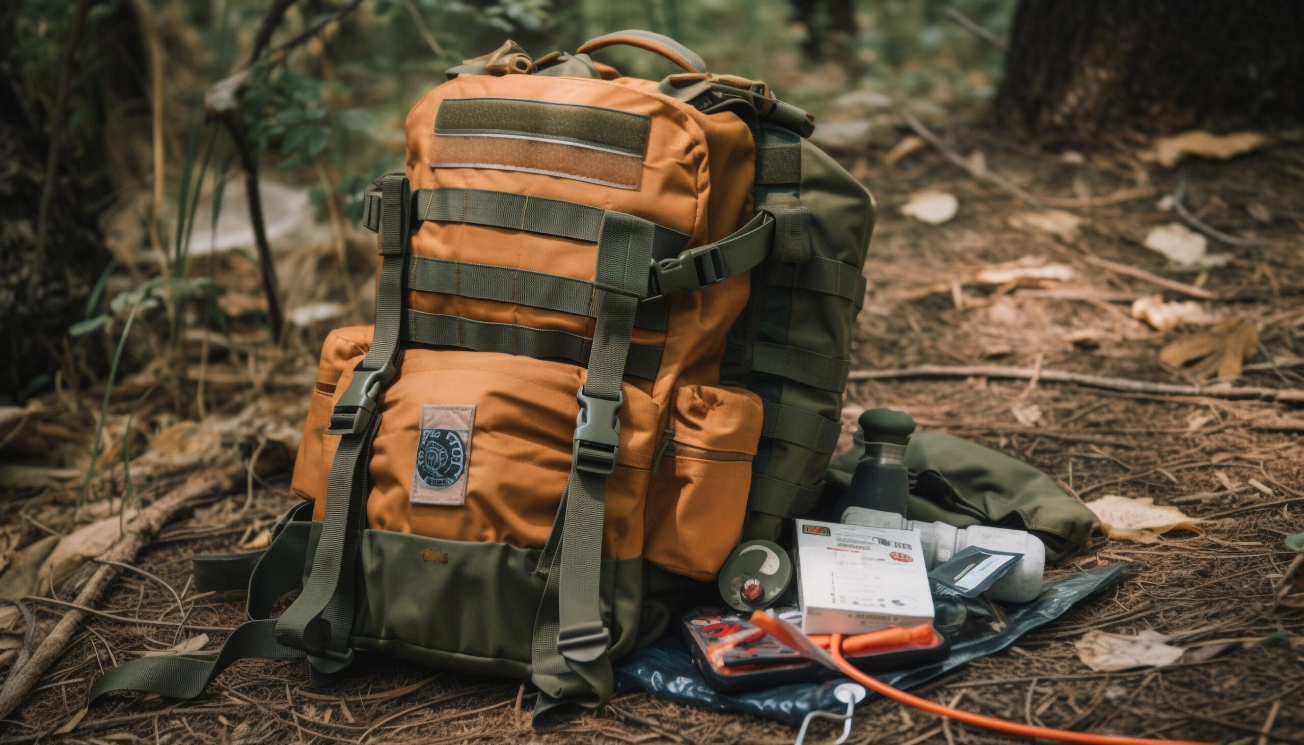 Backpacker with hiking pole explores wilderness terrain generated by AI